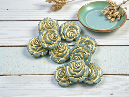 *10* 14mm Bronze Washed Turquoise Rose Flower Beads