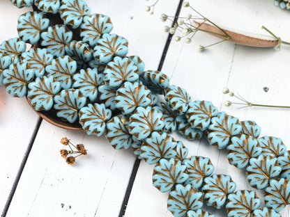 *12* 13x11mm Dark Bronze Washed Sky Blue Maple Leaf Beads