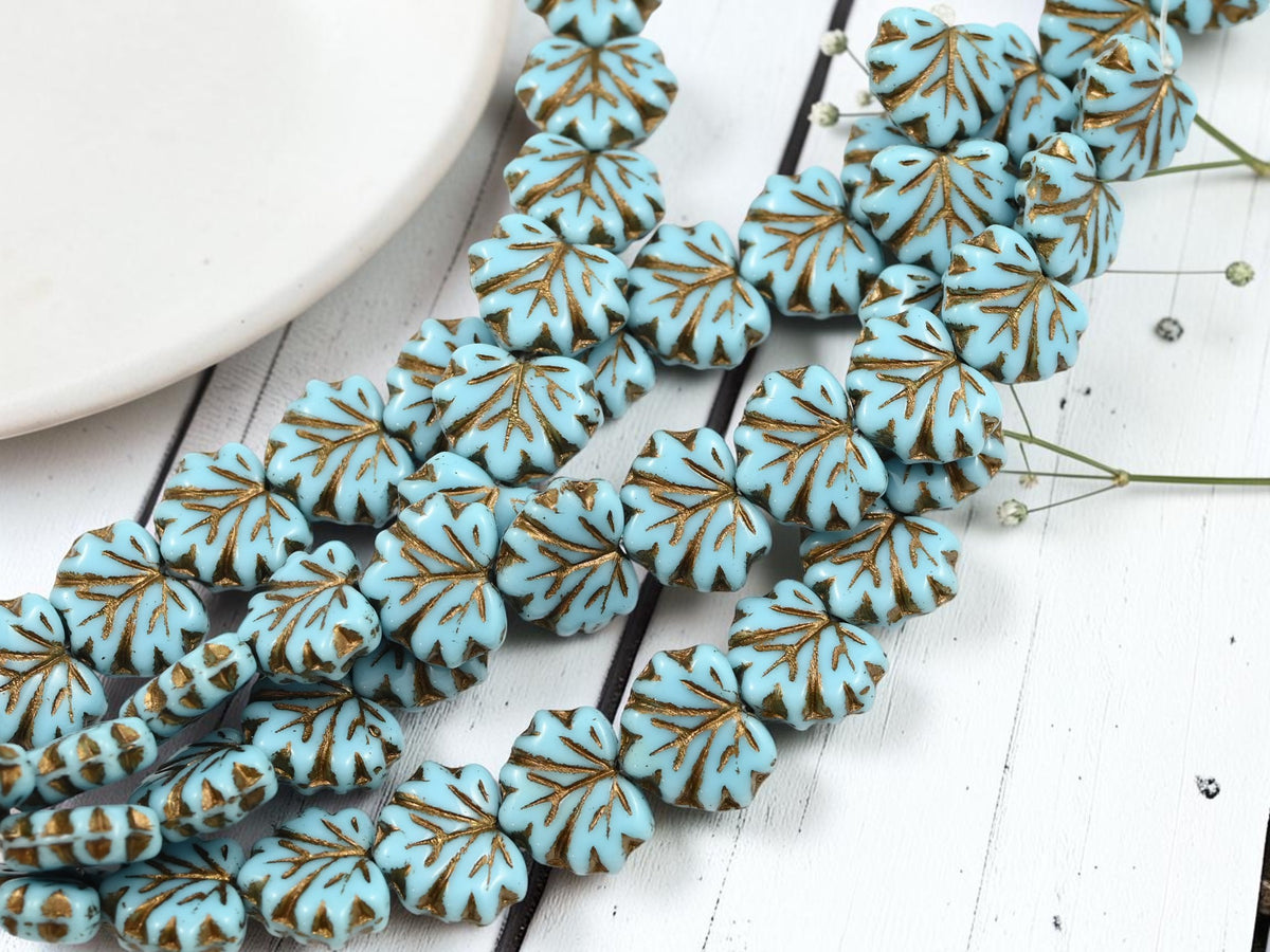 *12* 13x11mm Dark Bronze Washed Sky Blue Maple Leaf Beads