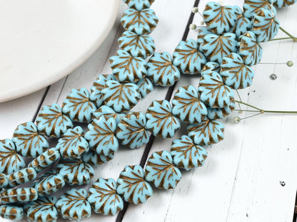 *12* 13x11mm Dark Bronze Washed Sky Blue Maple Leaf Beads