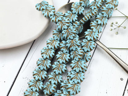 *12* 13x11mm Dark Bronze Washed Sky Blue Maple Leaf Beads