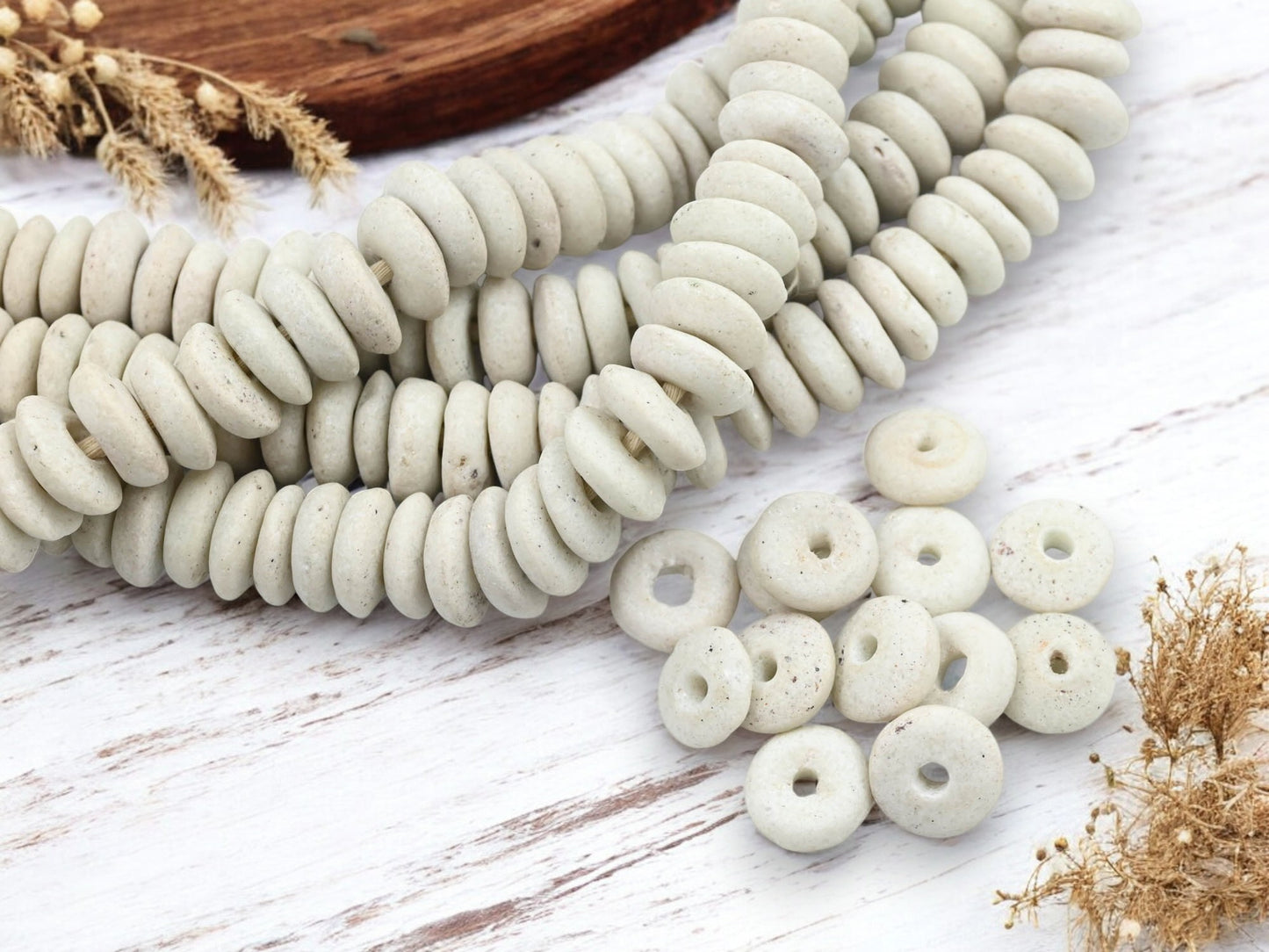 13~15mm Antique White Recycled African Glass Heishi Beads (10" Strand)