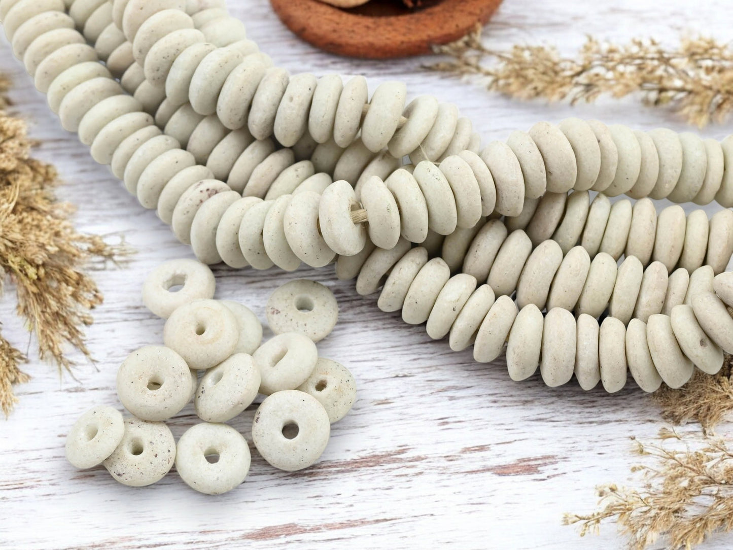13~15mm Antique White Recycled African Glass Heishi Beads (10" Strand)