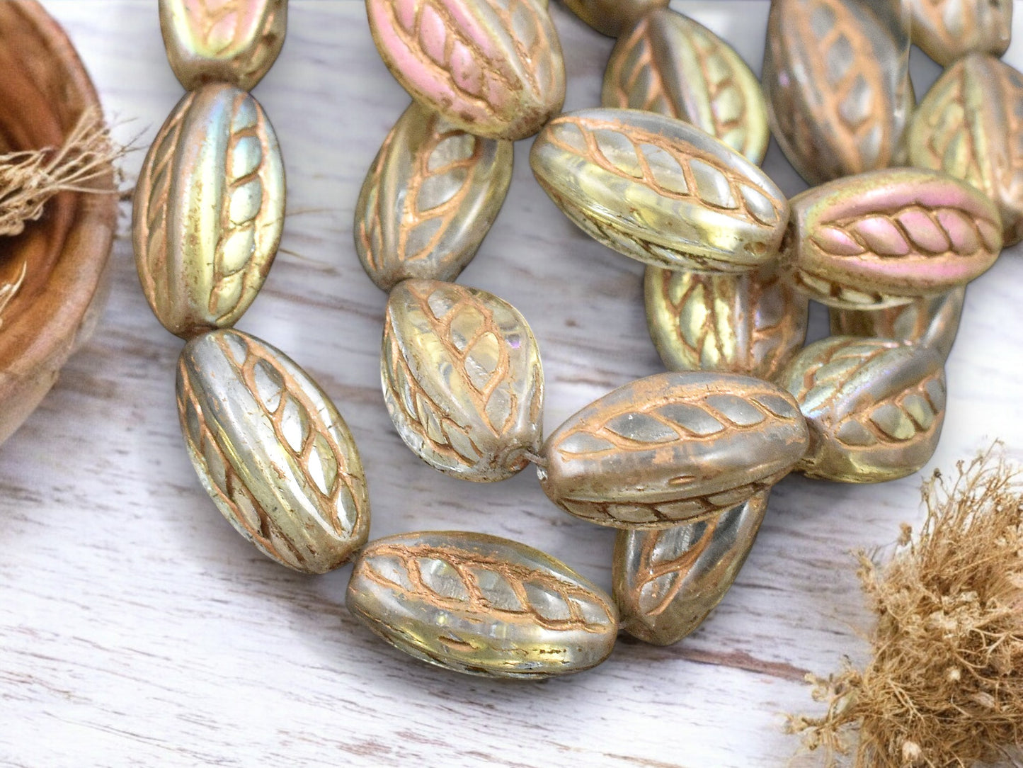 *10* 15x9mm Gold Washed Gold Lustered Crystal Twisted Oval Beads