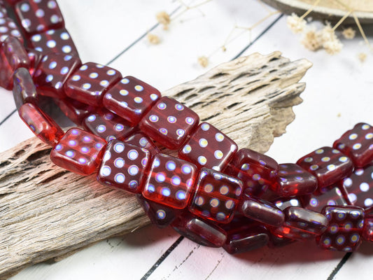 *20* 10mm Ruby Peacock Polka Dot Flat Square Beads