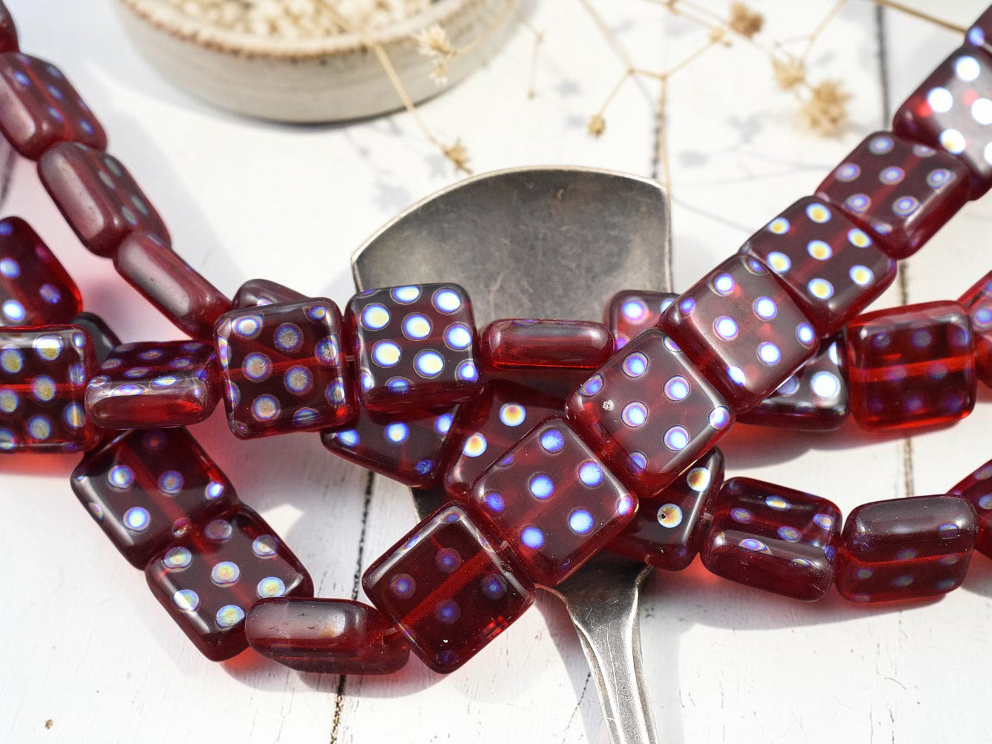 *20* 10mm Ruby Peacock Polka Dot Flat Square Beads