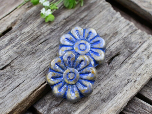 *6* 18mm Blue Washed Silver Sage Picasso Daisy Flower Beads