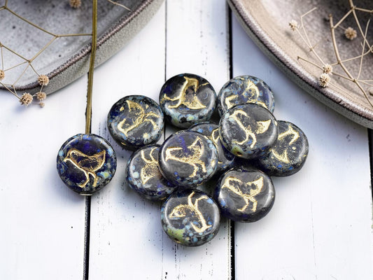 *15* 12mm Gold Washed Cobalt Picasso Bird Coin Beads