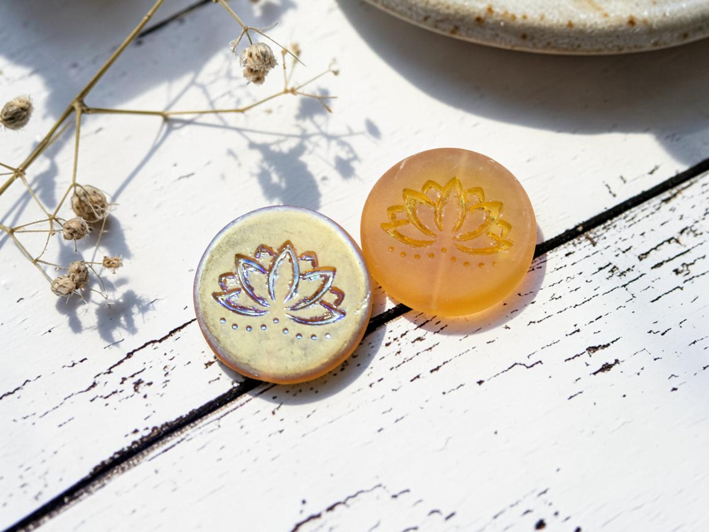 *2* 18mm Matte Amber AB Lotus Flower Coin Beads