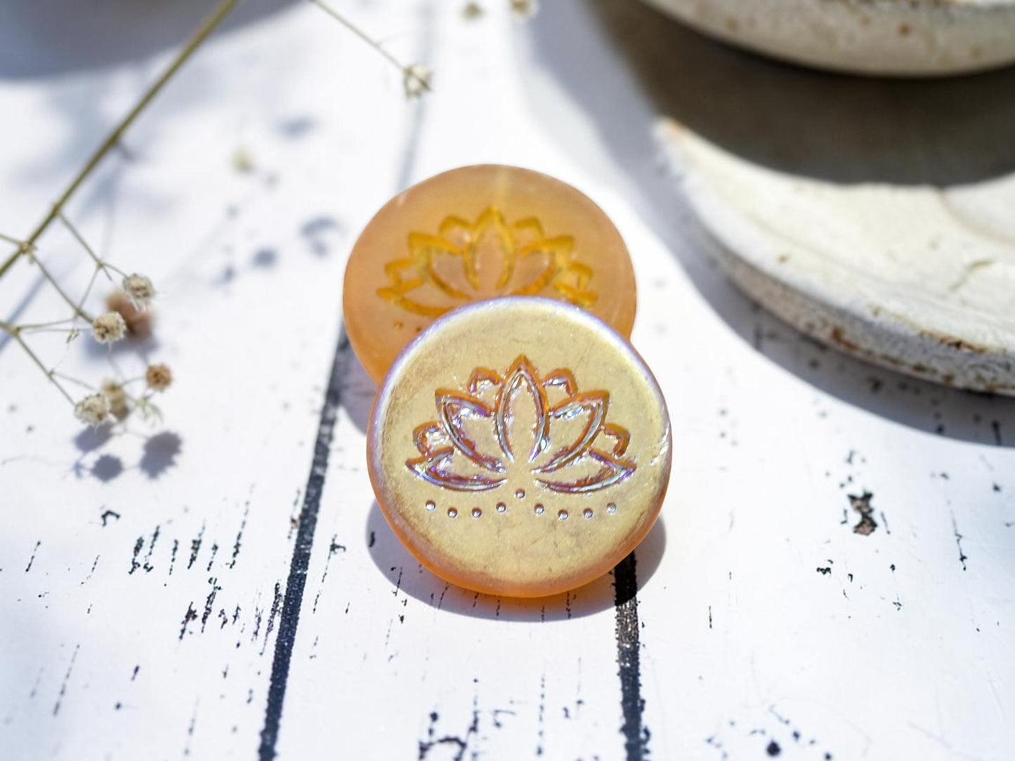 *2* 18mm Matte Amber AB Lotus Flower Coin Beads