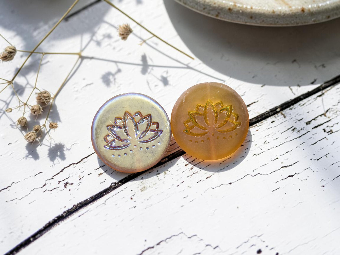 *2* 18mm Matte Amber AB Lotus Flower Coin Beads