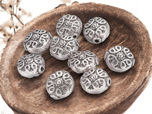 *50* 10mm Antique Silver Ornate Coin Spacer Beads