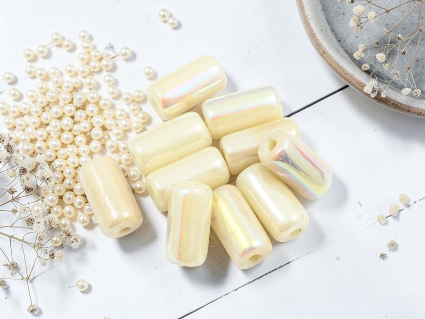 *10* 14x7mm Opaque Ivory Luster AB Tube Beads