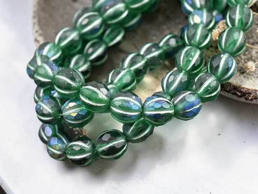 *20* 8mm Green Washed Matte Emerald AB Faceted Round Melon Beads