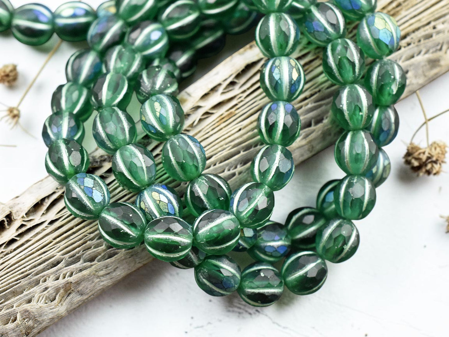 *20* 8mm Green Washed Matte Emerald AB Faceted Round Melon Beads