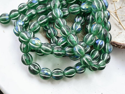 *20* 8mm Green Washed Matte Emerald AB Faceted Round Melon Beads