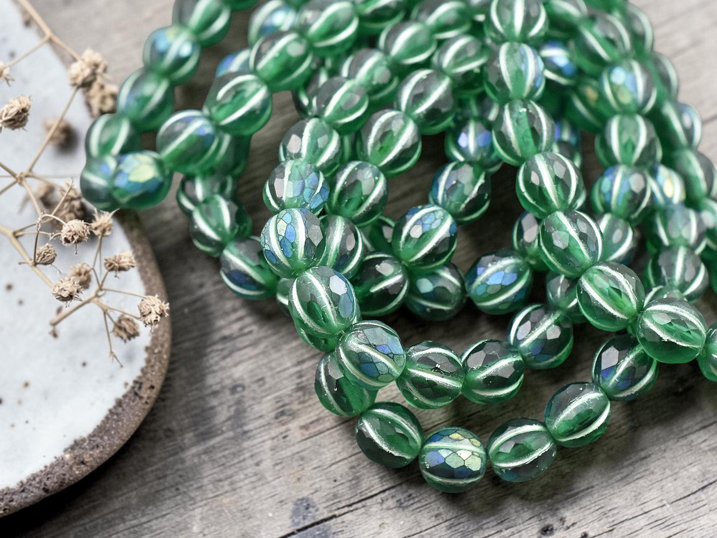 *20* 8mm Green Washed Matte Emerald AB Faceted Round Melon Beads