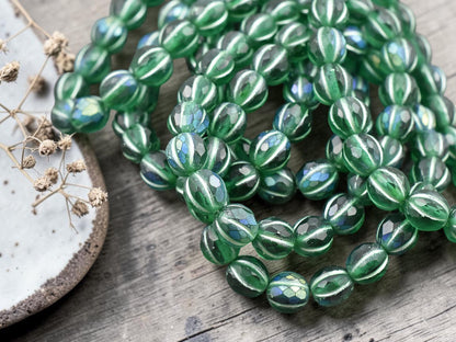 *20* 8mm Green Washed Matte Emerald AB Faceted Round Melon Beads