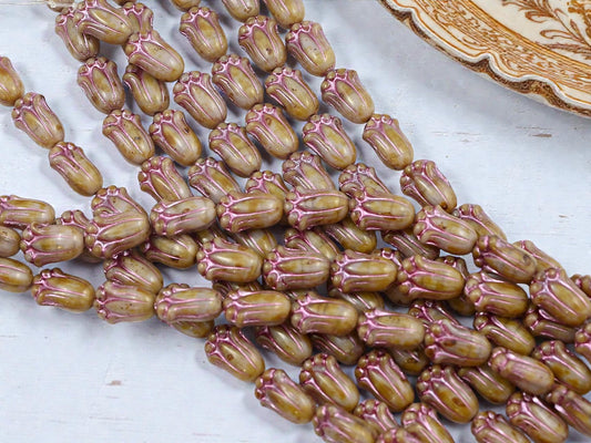 *12* 12x8mm Metallic Pink Washed Lavender Silk Picasso Tulip Beads
