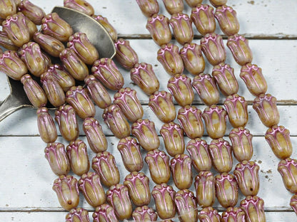 *12* 12x8mm Metallic Pink Washed Lavender Silk Picasso Tulip Beads