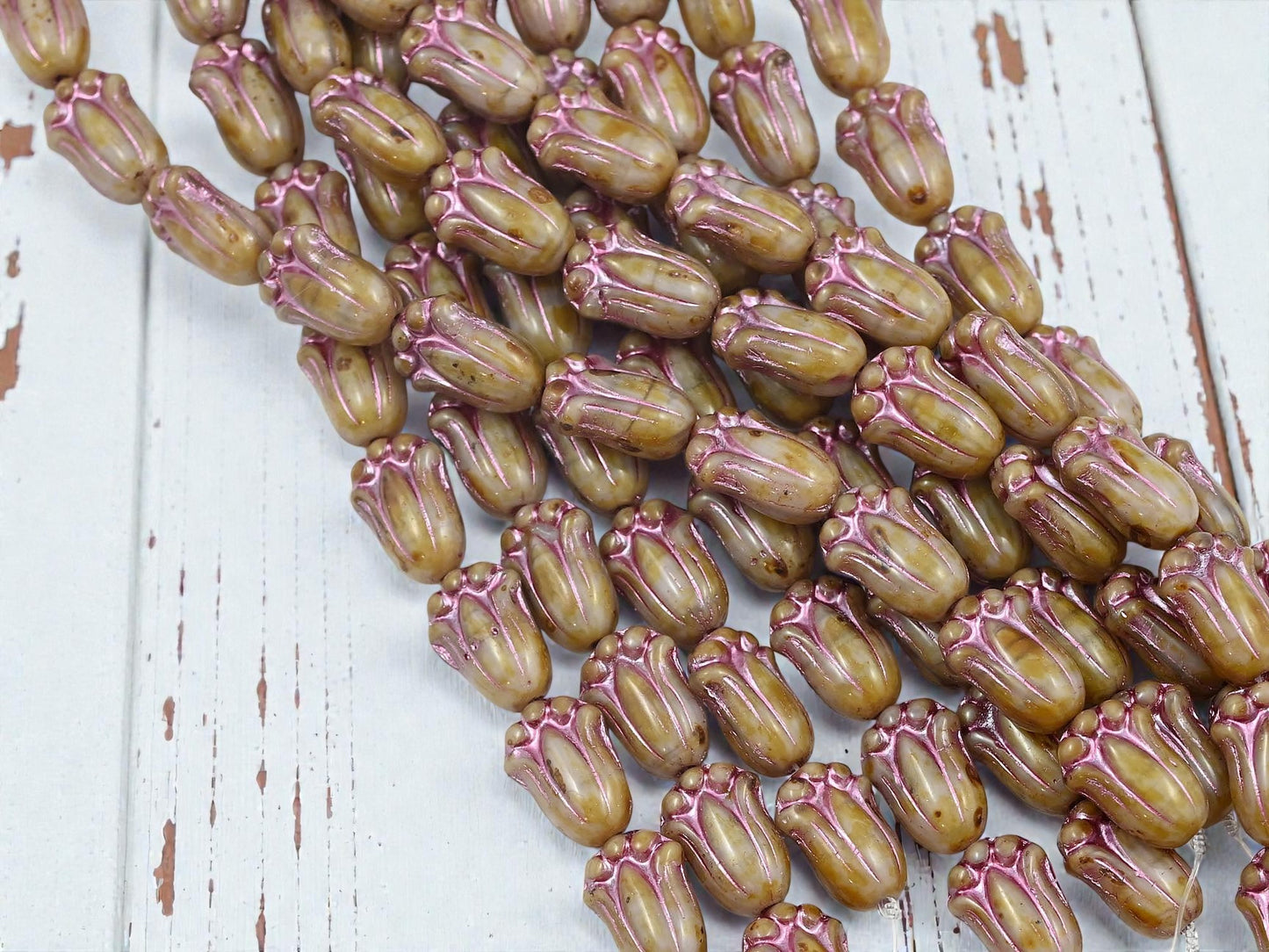 *12* 12x8mm Metallic Pink Washed Lavender Silk Picasso Tulip Beads