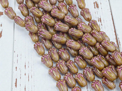 *12* 12x8mm Metallic Pink Washed Lavender Silk Picasso Tulip Beads