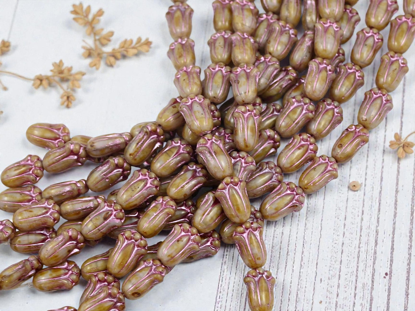 *12* 12x8mm Metallic Pink Washed Lavender Silk Picasso Tulip Beads