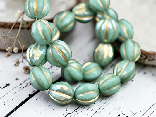 *12* 10mm Gold Washed Turquoise AB Faceted Round Melon Beads