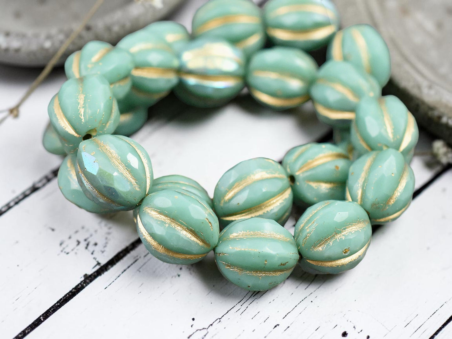 *12* 10mm Gold Washed Turquoise AB Faceted Round Melon Beads