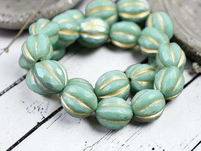 *12* 10mm Gold Washed Turquoise AB Faceted Round Melon Beads