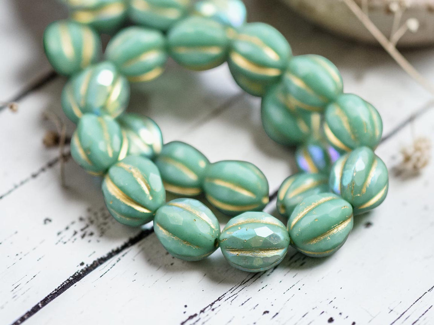 *12* 10mm Gold Washed Turquoise AB Faceted Round Melon Beads