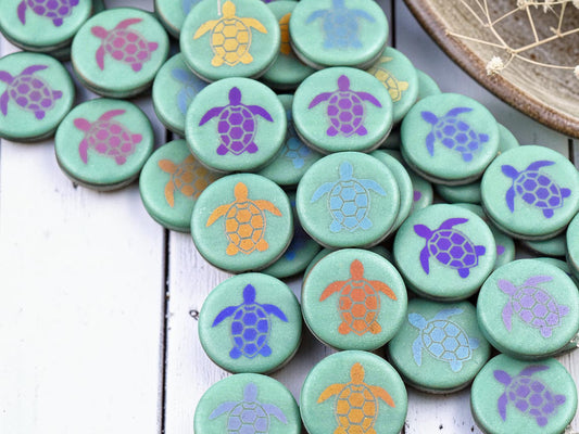 *8* 14mm Opaque Satin Turquoise Sliperit Laser Tattoo Turtle Coin Beads