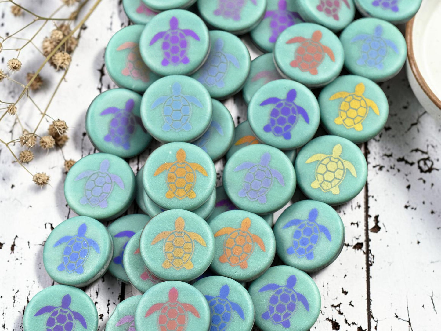 *8* 14mm Opaque Satin Turquoise Sliperit Laser Tattoo Turtle Coin Beads