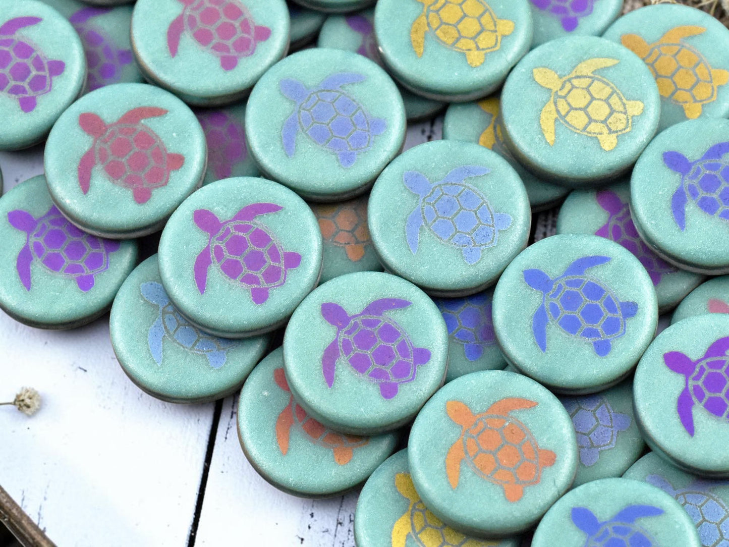 *8* 14mm Opaque Satin Turquoise Sliperit Laser Tattoo Turtle Coin Beads