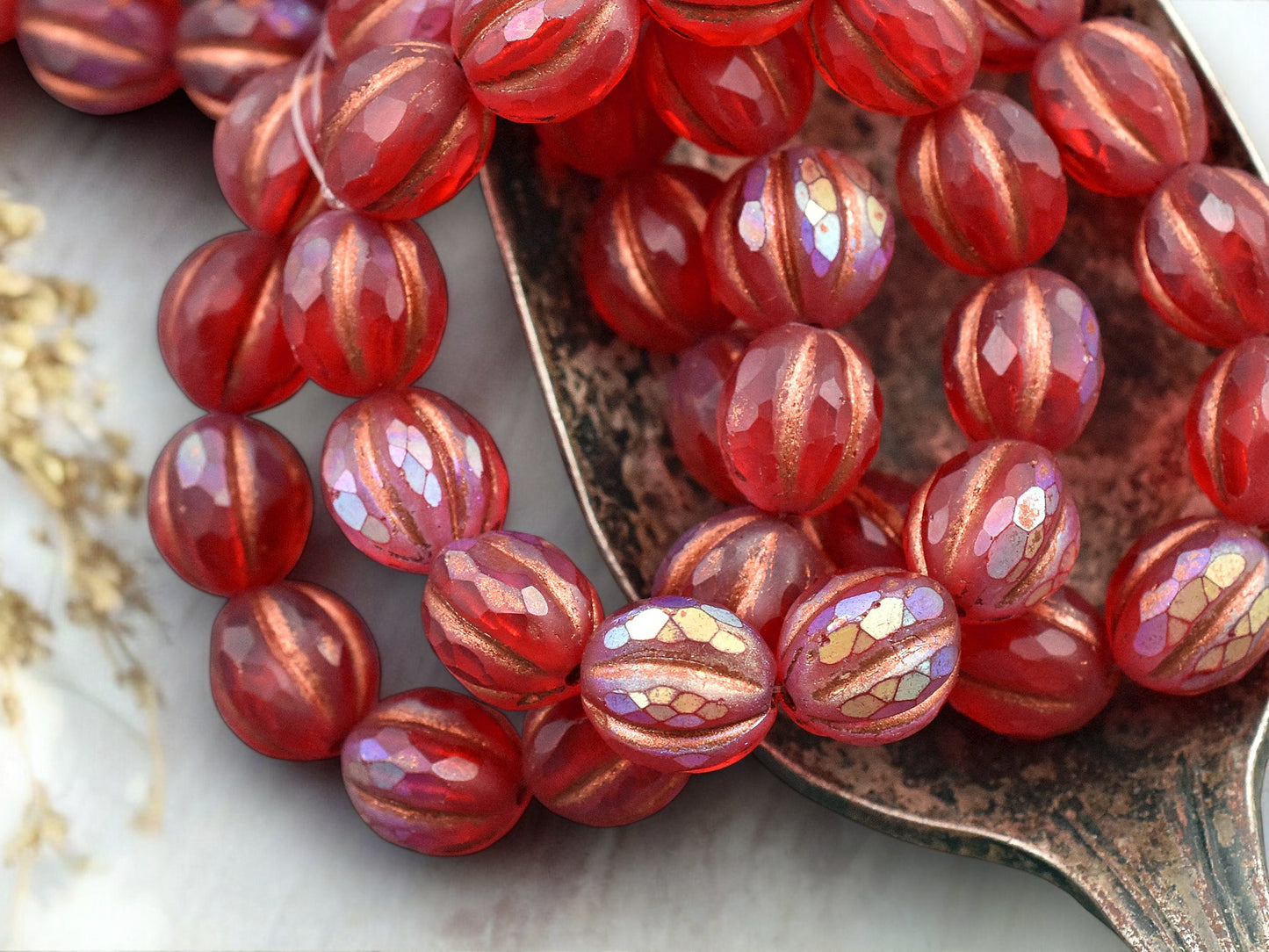 *12* 10mm Copper Washed Matte Ruby Red AB Faceted Round Melon Beads