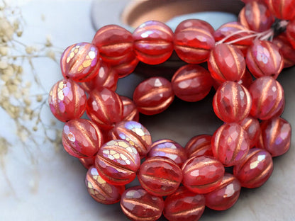 *12* 10mm Copper Washed Matte Ruby Red AB Faceted Round Melon Beads