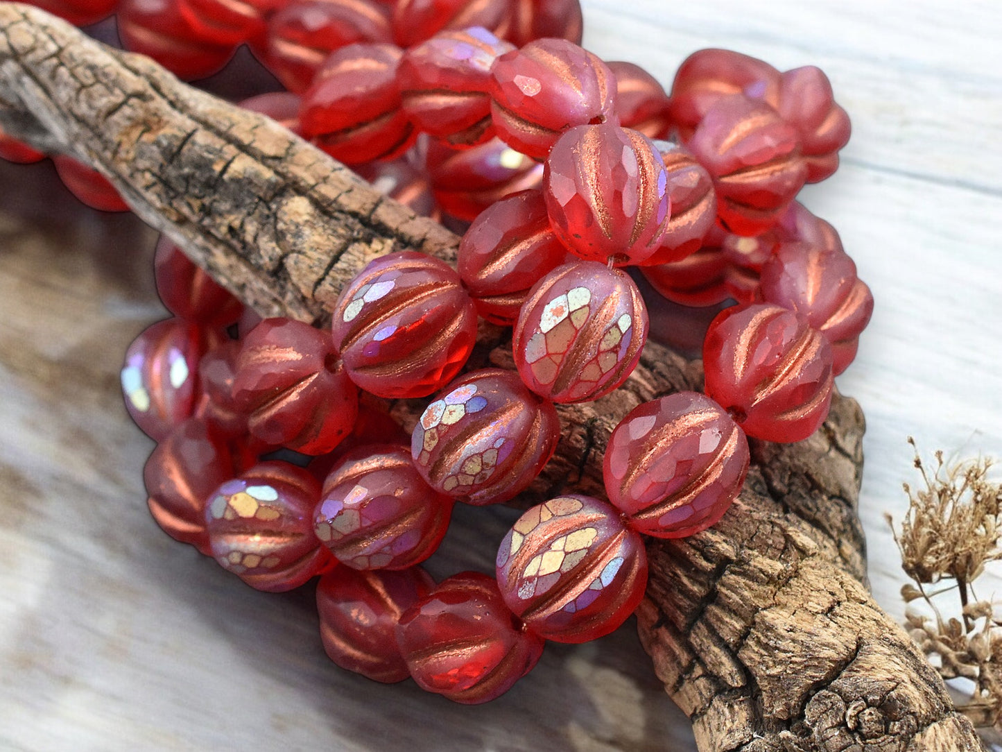 *12* 10mm Copper Washed Matte Ruby Red AB Faceted Round Melon Beads
