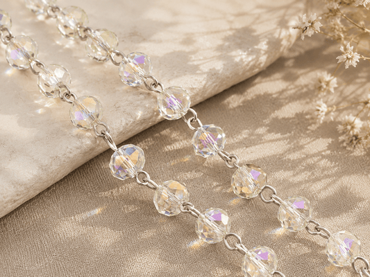 6x8mm Antique Crystal AB Fire Polished Rondelles with Silver Beaded Chain (39.3")