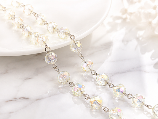 6x8mm Antique Crystal AB Fire Polished Rondelles with Silver Beaded Chain (39.3")