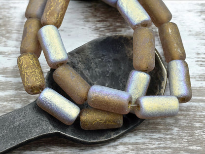 *10* 14x7mm Gold Washed Etched Brown Topaz AB Large Hole Tube Beads