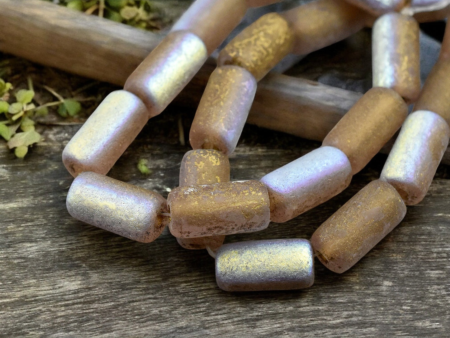 *10* 14x7mm Gold Washed Etched Brown Topaz AB Large Hole Tube Beads