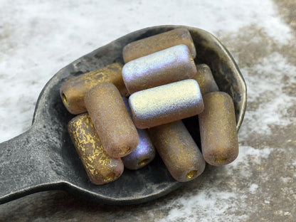 *10* 14x7mm Gold Washed Etched Brown Topaz AB Large Hole Tube Beads