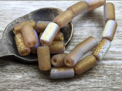 *10* 14x7mm Gold Washed Etched Brown Topaz AB Large Hole Tube Beads