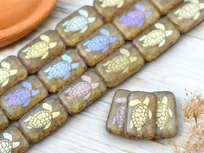 *6* 18x12mm Matte Crystal Picasso Laser Tattoo Rectangle Turtle Beads