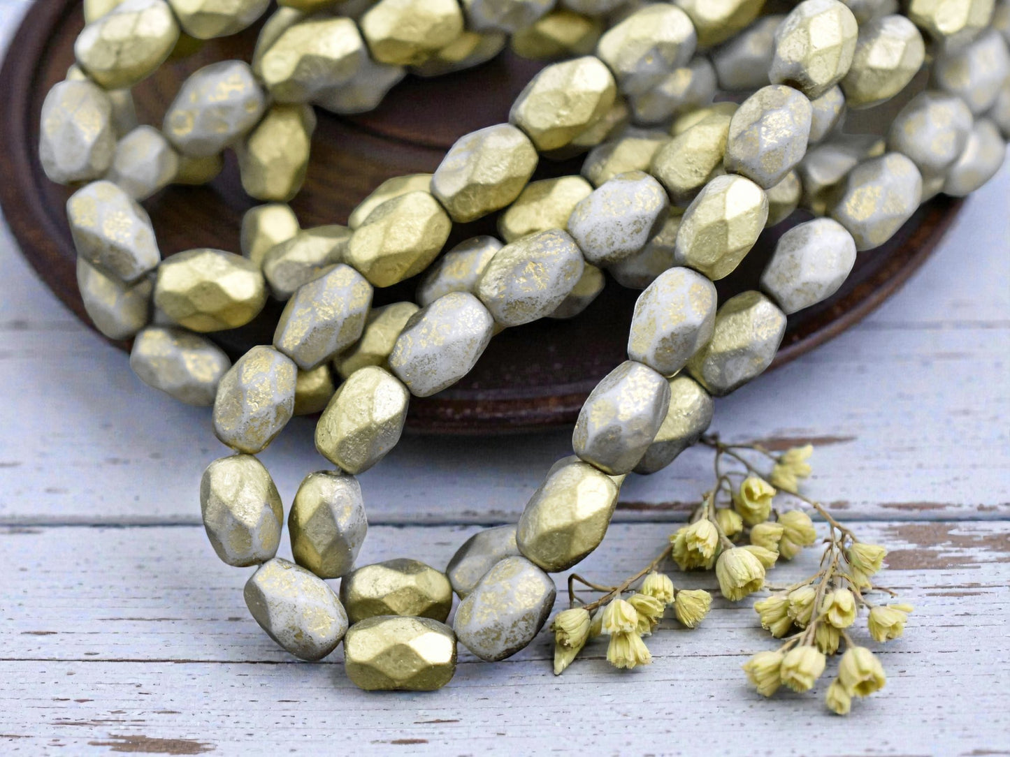 *20* 6x8mm Gold Washed Etched Ash Grey Faceted Oval Beads