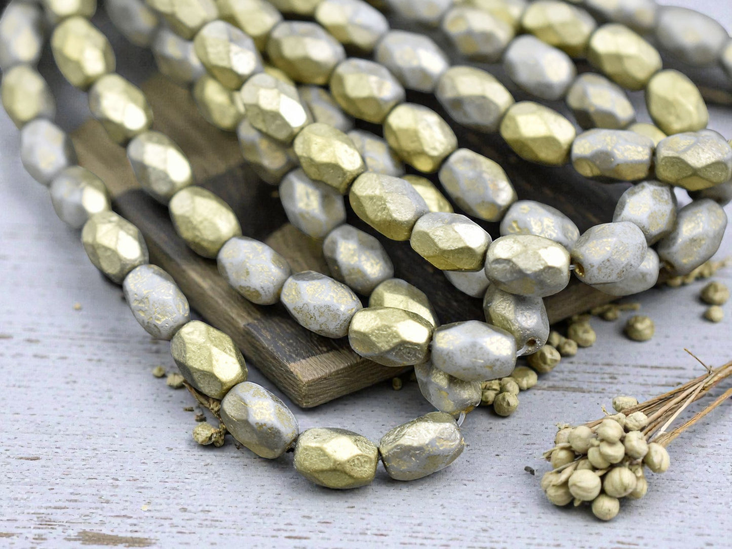 *20* 6x8mm Gold Washed Etched Ash Grey Faceted Oval Beads