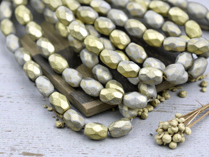 *20* 6x8mm Gold Washed Etched Ash Grey Faceted Oval Beads