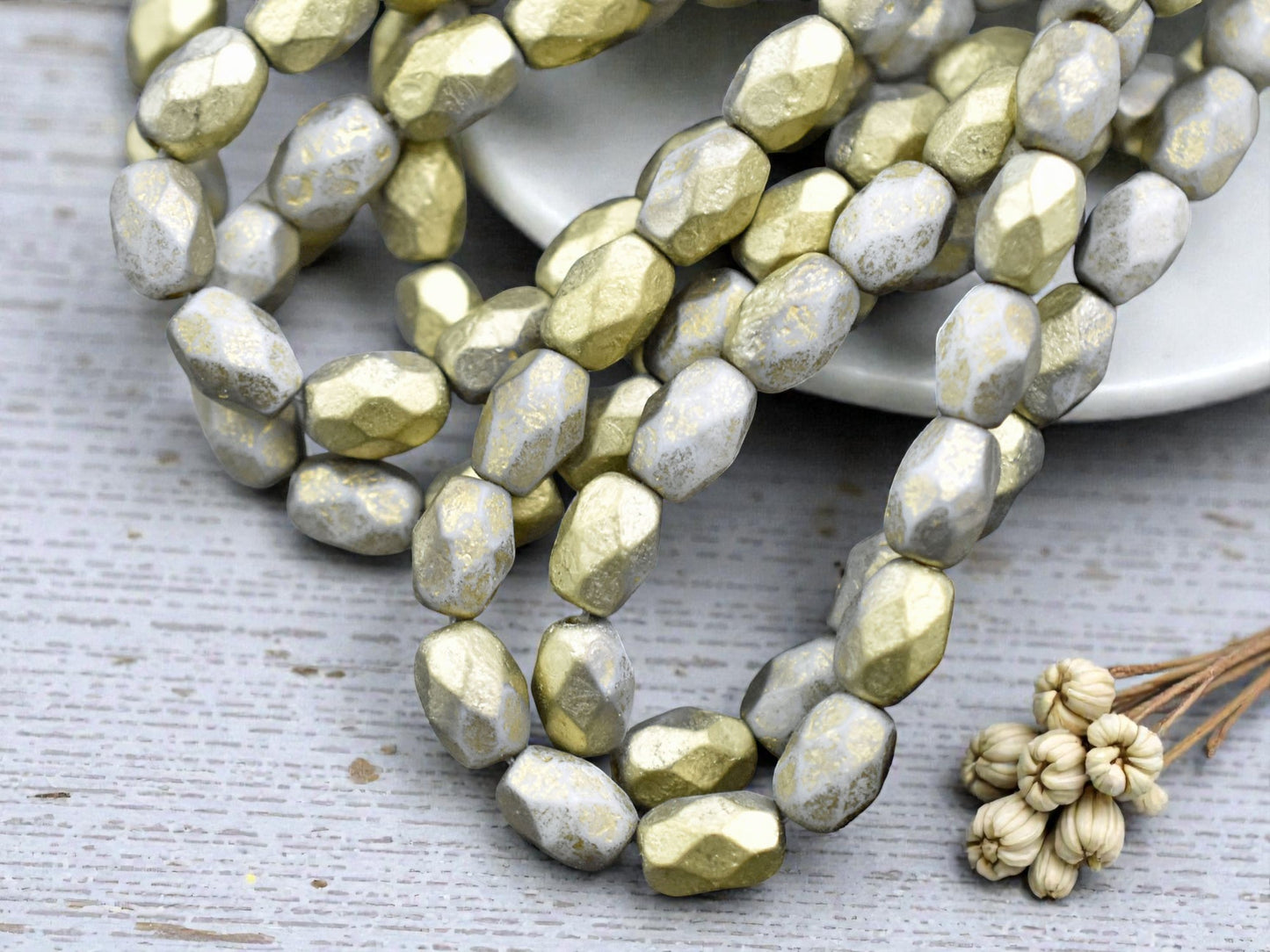 *20* 6x8mm Gold Washed Etched Ash Grey Faceted Oval Beads