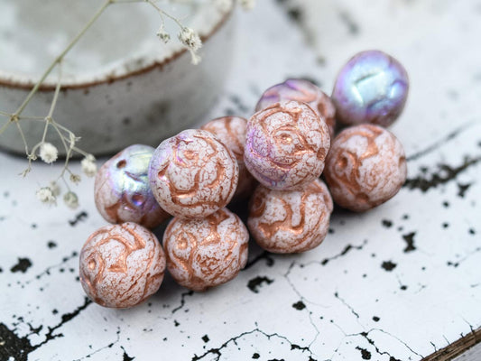 *15* 10mm Copper Washed Etched White AB Round Rose Beads