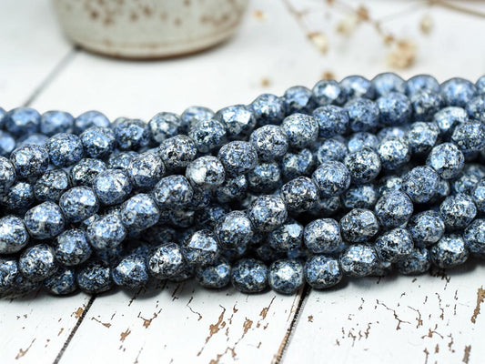 *25* 6mm Blue Speckled Jet Metallic Silver Fire Polished Round Beads